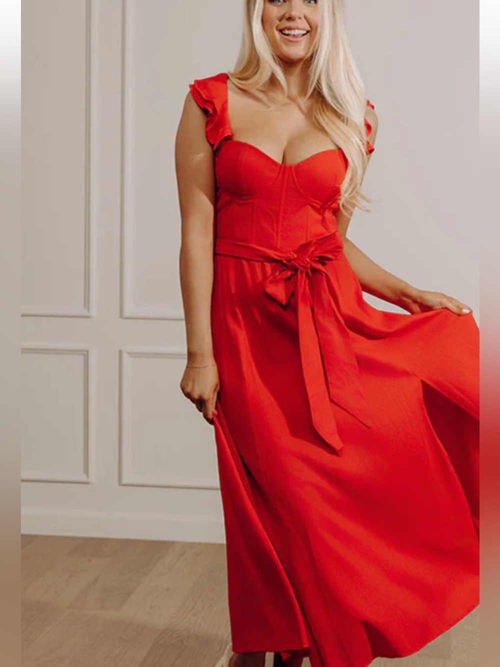 Red Dress Boutique Red Ruffle-Sleeve Maxi with Waist Tie